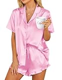 HOTOUCH Womens Satin Pajamas Set Button Down 2 Piece Silk Pjs Shorts Set Ruffle Notch Collar Sleepwear Pink,M