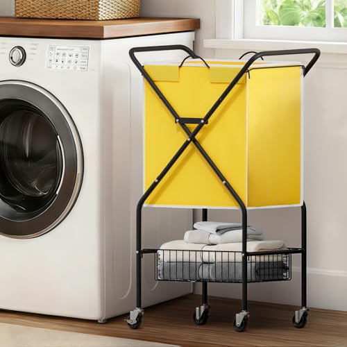 Image of Convenient Laundry Basket with Wheels,36 inch High Easy Rolling Laundry Cart with Wheels,Heavy Duty Dirty Clothes Laundry Hamper with Handles Removable Bag for Seniors,Folding Metal Frame /Yellow /98L