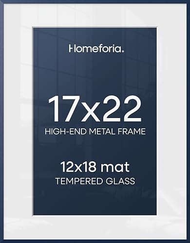 Image of Homeforia 17x22 Picture Frame Navy Blue, High End Metal 17x22 Poster Frames with Mat 12x18 Photo, 17 x 22 Navy Blue Frame Matted to 12 by 18 Print, 22x17 Thin Frame, Tempered Glass, Wall Kit, Set of 1