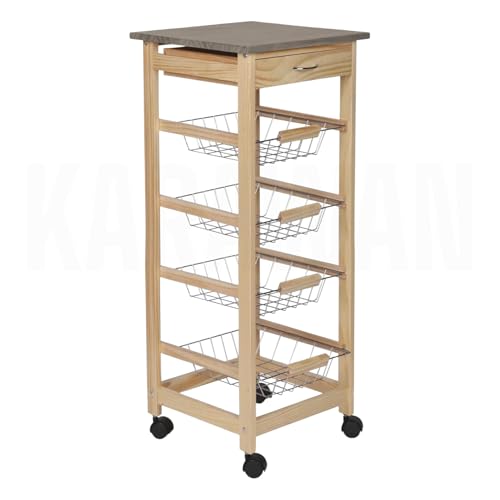 Genérico Carrito Verdulero de Cocina con Cajón, 4 Cestas Metálicas y Ruedas, Madera Natural y Metal, 37x37x82 cm, Organizador Móvil Auxiliar
