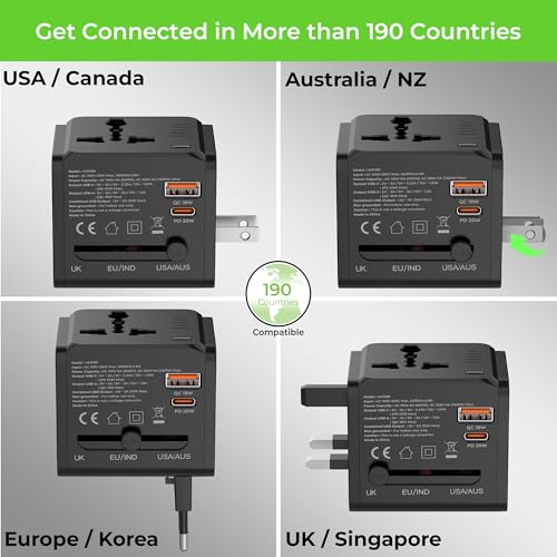 Image of UltraProlink International All in One Universal Travel Adapter|20W Charger|USB-A + Type C Port|PD3.0 Support|1500W|for Mobile, Tablets, Cameras |UM1189|Travel Mate PD20|Black