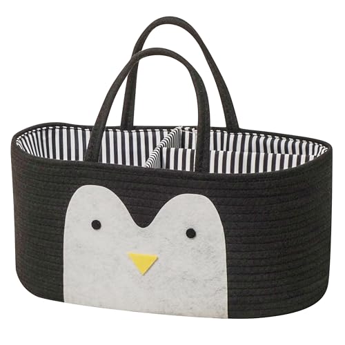 T&T Homewares Diaper Caddy Organizer, Cotton Rope Diaper Caddy Basket, Baby Shower Basket, Nursery Storage Bins, Newborn Caddie- Cat, Fox, Penguin (Black Penguin)