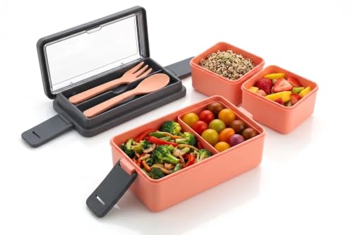 Image of Double Decker 3 Compartment Lunch Box for School & Office, Lunch Box with Cutlery and Lid,Microwave Safe Lunch Boxes | Peach Orange -1400 ML