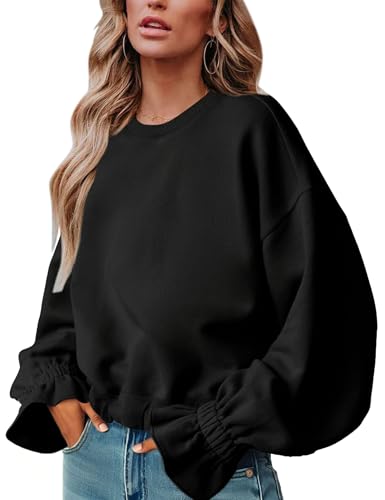 PRETTODAY Women's Casual Crew Neck Sweatshirt Long Sleeve Ruched Solid Loose Fitting Pullover Tops, Black, Large