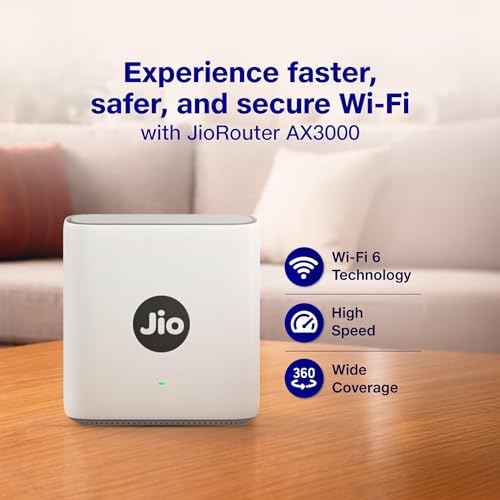 Image of Jio AX3000 WiFi 6 Dual Band Gigabit Mesh Router (2402 Mbps 5GHz + 574 Mbps 2.4GHz) | PPPoE Supported | Covers up to 1500 sq. ft. | 100+ Devices | Low Latency Gaming & 4K Streaming