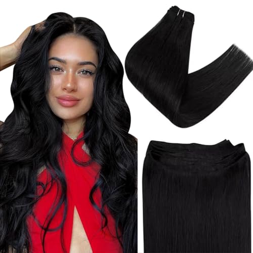 Easyouth Human Hair Weft Extensions Jet Black Double Weft Hair Extensions Remy Real Hair Sew in Extensions Black Sew in Hair Natural 14 Inch 70g
