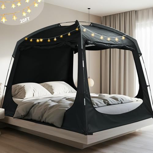 Bed Tent Twin Full Queen King Size Canopy Tent for Kids and Adult - 80% Blackout Indoor Sleeping Tents with Star String Lights, Big Space Breathable Dome Tent Playhouse for Boys & Girls