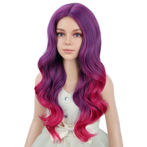 Image of PATTNIUM Purple Ombre Pink Wig for Kids Girls Long Curly Wigs Purple and Pink Middle Part Heat Resistant Synthetic Wigs with Wig Cap