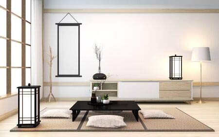 Cuadro de madera de 80 x 50 cm: Zen Room Interior con mesa baja y cojines en tatami en madera estilo japonés.Rendering 3D(130045587)