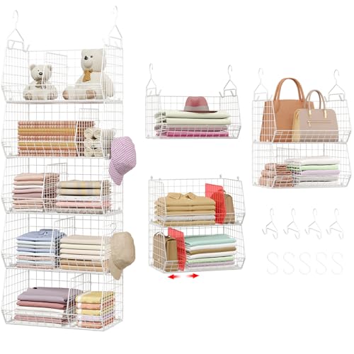 5 Tier Extra Large Closet Hanging Shelves with Divider,2 Pair Hook,16.5"L x 11.8"W x 51.4"H Closets Organizers and Storage,Clothes Organizer Clothing Sweaters Shoes Handbags Clutches Accessories-White