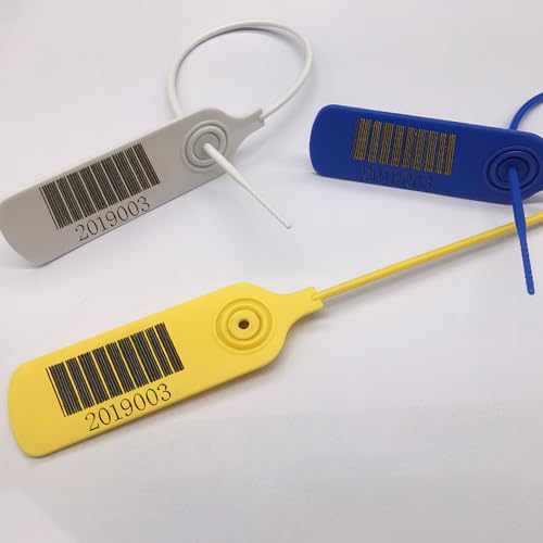 Plomben 100 Stück, Plomben Kunststoff, Durchziehplomben, Plombe, Blombe, Blombenset zum Verschließen von Erste-Hilfe Produkten, Barcode + verschiedene Nummern (Gelb)