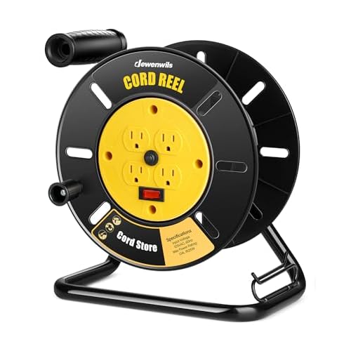 DEWENWILS Extension Cord Storage Reel with 4-Grounded Outlets, Heavy Duty Open Cord Reel for 12/3,14/3,16/3 Gauge Power Cord, Hand Wind Retractable, 13A Circuit Breaker, Yellow, ETL Listed