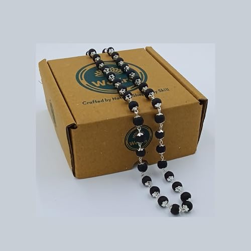 Image of Karungali Malai Silver Plated Original 8mm | Certified Ebony Beads Mala 54 Beads Goverment Lab Test Certification Mala with German Silver Cap | Authentic Karungali Malai for Spiritual Protection - 1 Piece