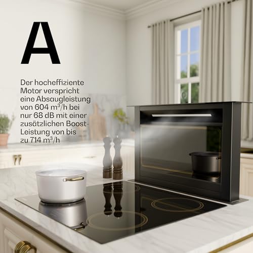 Klarstein Victoria Downdraft Dunstabzugshaube - A Energieeffizienz, 713,8 m³/h Luftstrom, Superleise 52 dB, Touchscreen, Spülmaschinengeeignete Filter, LED-Beleuchtung, Schwarz