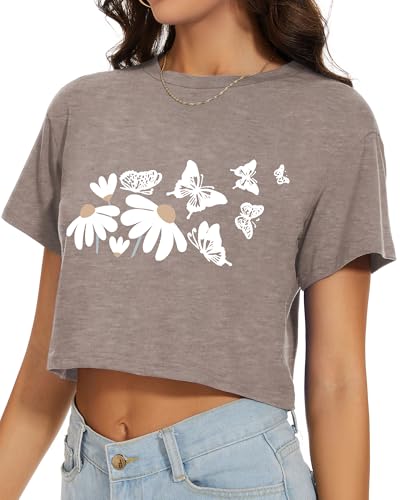 Image of Womens Summer Crop Tops Short Sleeve Round Neck T-Shirts Loose Fit Casual Blouse 2026