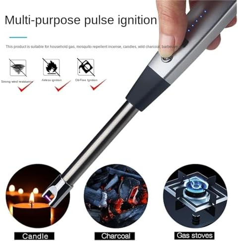 USB Rechargeable Arc Lighter, Windproof Metal Kitchen Gas Igniter with LED Battery Indicator, Perfect for BBQ, Candles, and Stoves - Silver Electric Lighter
