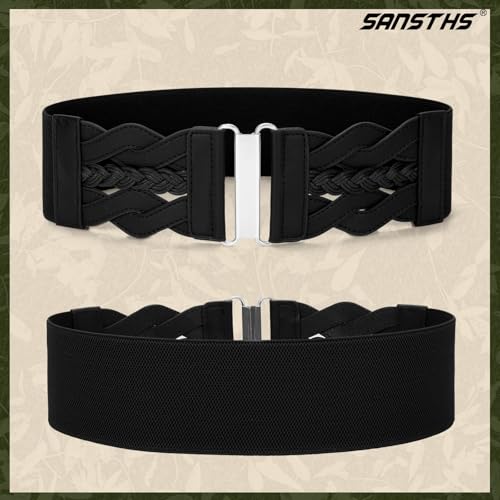 SANSTHS Vintage Stretchy Belt for Women, Womens Wide Elastic Belts for Dresses Coats, Fashion Womens Belts with Gold Buckle