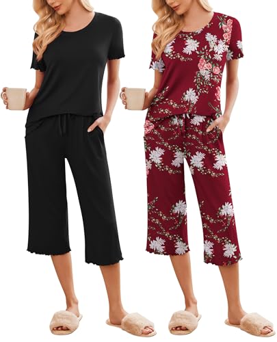Image of Ekouaer 2 Pack: Women's Pajamas Set Short Sleeve Sleepwear Capri Pants Pjs Soft Loungewear with Pockets