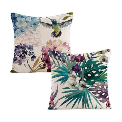 MSLSOZ Lot de 2 housses de coussin décoratives, 40 x 40 cm, motif tropical, oiseau et fleurs, avec...