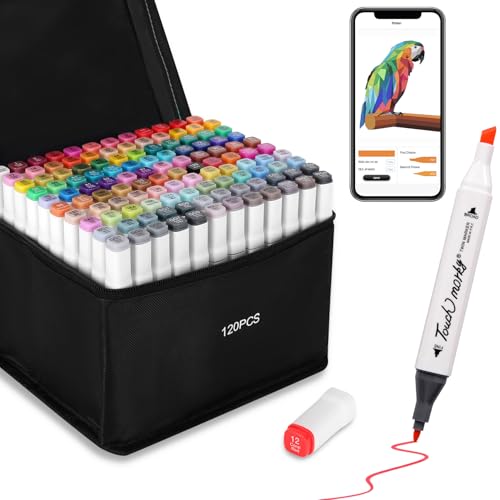 Brled 120 Colors Alcohol Markers with Free App, Chisel Tip and Fine Tip, Dual Tip Alcohol-Based Marker set for Artist Adults, Art Markers for Painting, Coloring, Sketching and Drawing,Great Gift Idea
