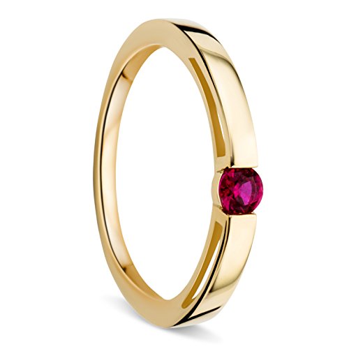 Orovi Bague Femme Or- Bagues en Or Jaune 9KT 375- Bijou Fin avec Rubis Rond- Bague Or Femme Taille...