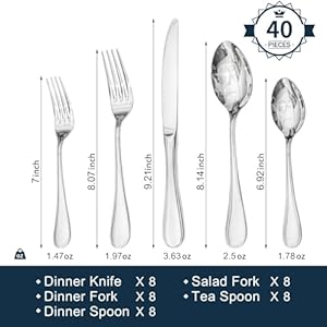 KINGSTONE 40 Piece Teardrop Silverware Set for 8 1810 Stainless Steel Flatware Set Modern Design Cutlery Set for HomeHotelWeddingMirror Polished and Dishwasher Safe