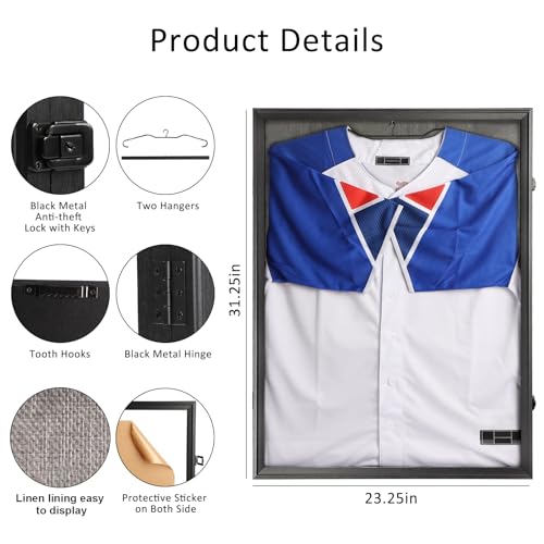 Image of IHEIPYE Jersey Frame Display Case Black Lock,Large Shadow Box Lockable with UV Protection Acrylic Linen Lining and Hangers for Baseball Basketball Football Soccer Hockey 2XL Sport Jersey Shirt