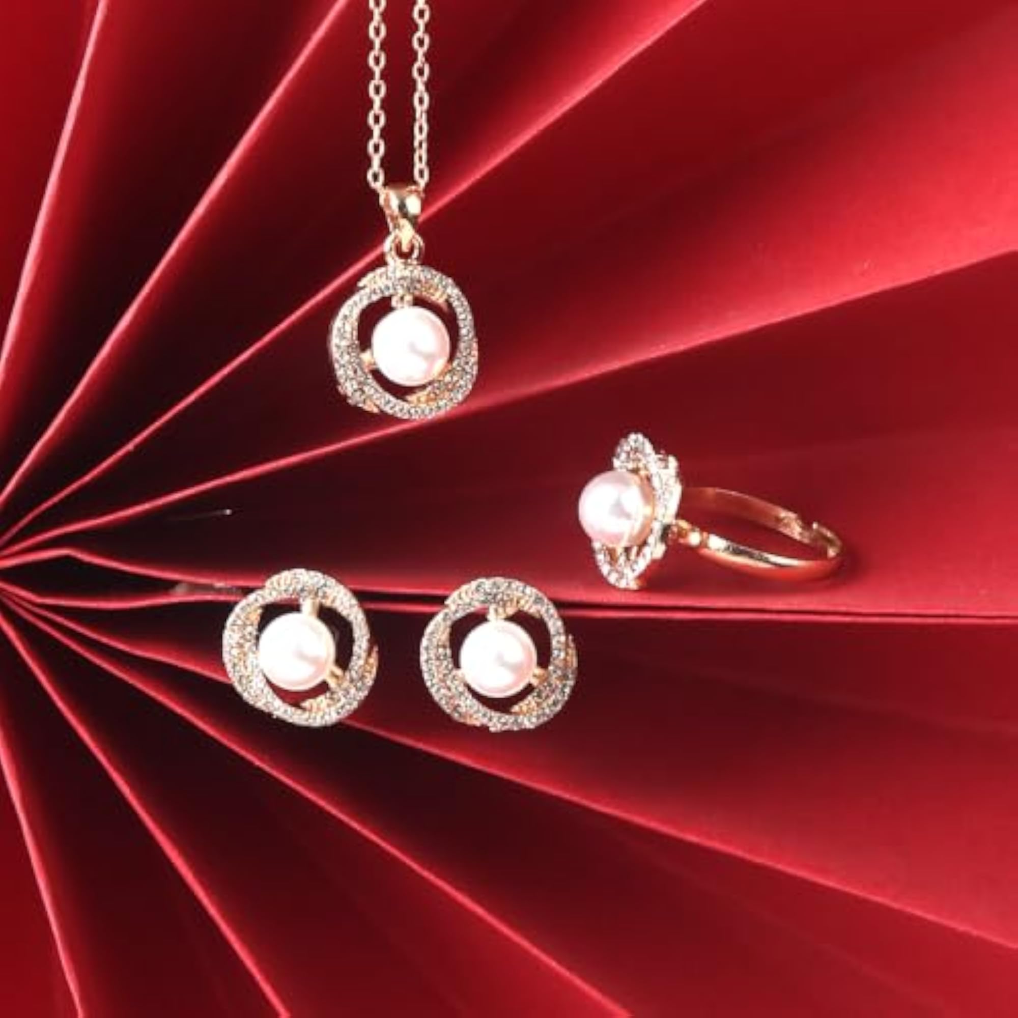 Women's Stylish Golden Finish Pearl Stud Earrings, Ring & Chain Pendant Set
