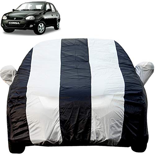 Image of Autofact Car Body Cover with Mirror Pockets Compatible for Opel Corsa (Triple Stitched, Bottom Fully Elastic, White, Blue Color)