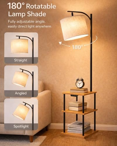 Image of Homesake Modern Floor Lamp with Wooden Shelves & Charging Station | Bedside Lamp with USB Port, Power Outlet | Corner Light, Space-Saving Side Table Lamp for Living Room & Bedroom (Beige, Off-White)