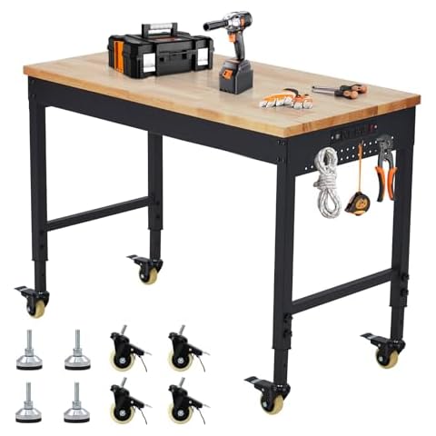 EuKer Workbench 60x22 Inch, Adjustable Height Worktable for Garage, Rubber Wood Top & Cold-Rolled Steel Table Workbench, Heavy Duty Workstation with Power Outlets & Wheels, 2000 Lbs Load Capacity Cover