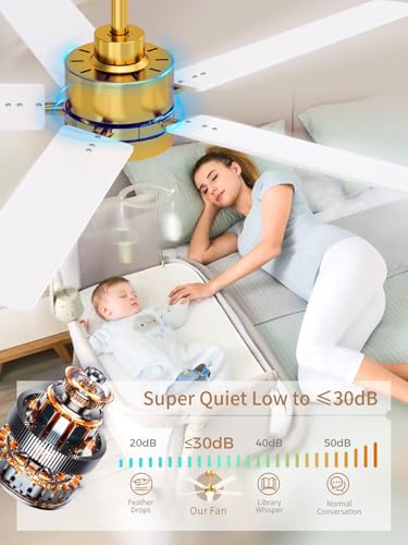 Image of LANMEL 52'' Ceiling Fan with Lights and Remote, Low Profile Modern Ceiling Fan Gold, 6 Speed, Reversible, 3000k-6000k LED, Quiet DC Motor Ceiling Fans for Indoor Outdoor Bedroom Living Room
