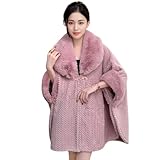 [blue beryl] [ブルーベリル] ケープコート フェイクファー アウター ショールカラー ヘリンボーン織り Aライン 秋冬 ゆったり 防寒 体型カバー ミドル丈 バックル留め ピンク BB091-PK-M