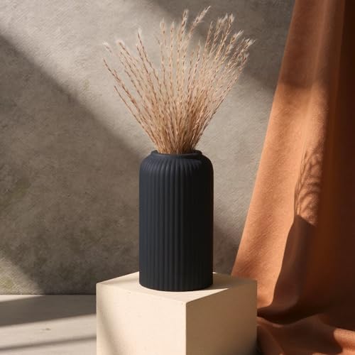 Image of KREATIVE ART'S Modern Ribbed Design Ceramic Flower Vase for Living Room, Flower Pots for Artificial Flower, Home Decoration Item, Home Decor, Vases for Living Room (Black, Small)