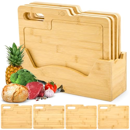 ZENFUN 4 Pack 12.5'L x 9.8'W Bamboo Cutting Boards with Holder, Wood Cutting Board Set, Chopping...