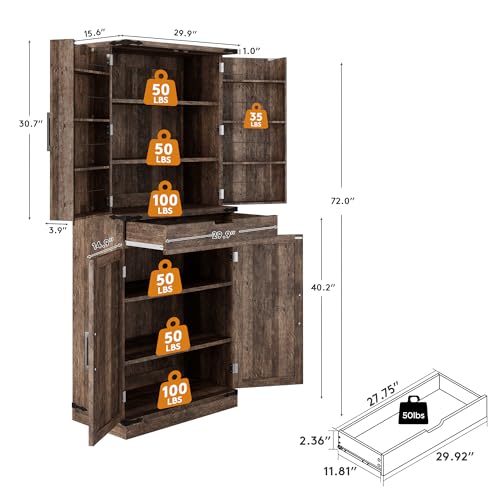 Image of GRUSIGN 72 inch Kitchen Pantry Storage Cabinet with Doors and Shelves, Wood Farmhouse Pantry Storage with Barn Doors for Kitchen, Dining Room, Living Room, Dark Brown