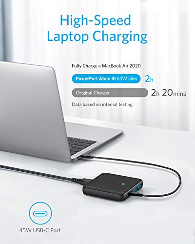 Anker PowerPort Atom III Slim Chargeur Mural Double Ports USB-C (45 W Maximum), 63 W 4 Ports PIQ 3.0 & GaN, pour Ordinateurs Portables, iPad Pro, iPhone, Galaxy, Pixel