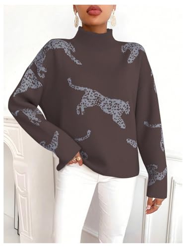Image of WDIRARA Women's Leopard Tiger Print Sweater High Neck Long Sleeve Fuzzy Knitted Pullover Top