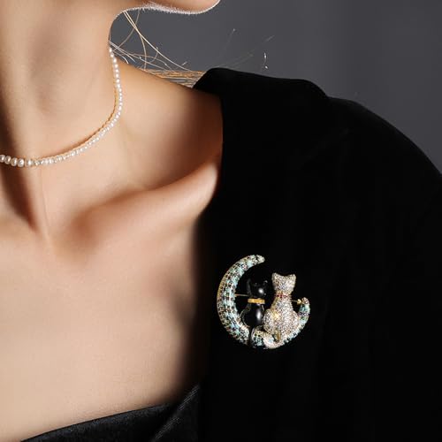 Image of Rhinestone Couple Cats on the Moon Brooch Pin for Women Men Vintage Lapel Pins Funny Statement Cute Kitty Crystal Turquoise Animal Kitten Crescent Brooches Christmas Birthday Jewelry Gift Unisex