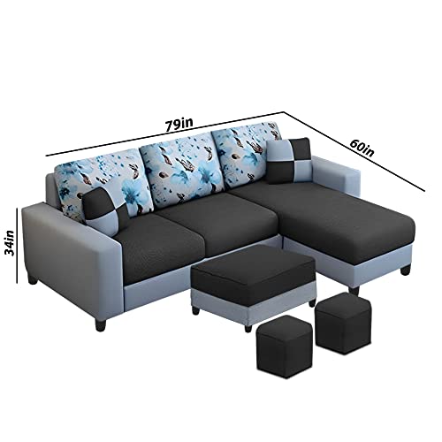 Image of Orland 4 Seater RHS L Shape Sofa with Center Table & 2 Puffy | Color - Black Grey