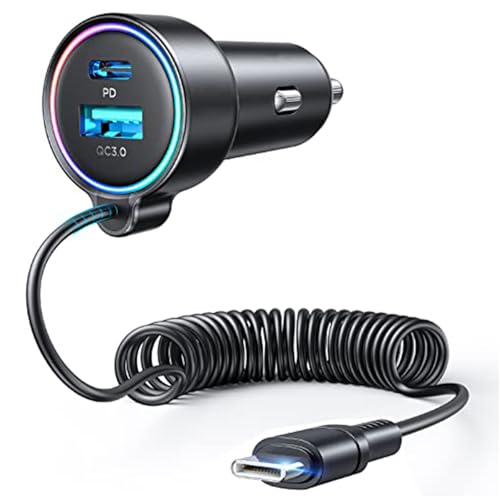 USB C 90W Car Charger for iPhone 17/16 Pro Max PD & QC3.0 w/5 ft 45W Type Coiled Cable Fast Car Phone Charger Adapter for iPhone 17Air/15 Pro Samsung Galaxy S26/S25/S24 Pixel 10/LG/Android iPad