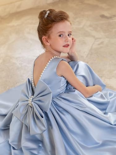 JISISANG Bow-Knot Wedding Party Flower Girl Satin Dress with Pearls Girls V-Back First Communion Formal Evening Dress2