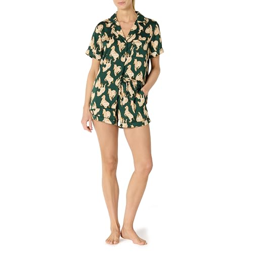 Amazon Essentials Juego de Top de Satén de Manga Corta con Botones y Pantalón Corto para Dormir Mujer, Verde Oscuro Beige Cebras, S