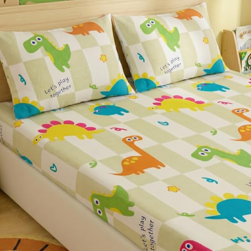 Image of Filymore Elastic Fitted Dinosaur Double Bedsheet with 2 Pillow Cover | 240 TC Soft Microfiber Bedcover for Kids Room| Bedspread for Mattress Size 72 inch x 72 inch Inch | Green & White