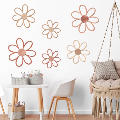Image of Thyle 6 Pcs Daisy Wall Decor Wooden Daisy Wall Sculptures Art Flowers Signs Hanging Plaque for Home Nursery Bedroom Farmhouse Bathroom Decorations Housewarming Gifts (Vivid Style)