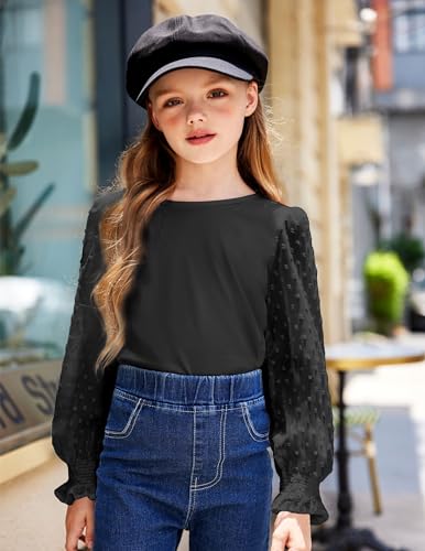 Image of Arshiner Girls Long Sleeve Shirt with Ruffle Cuffs Polka Swiss Dots Kids Girls Pullover Shirts Cute Crewneck Girls Top