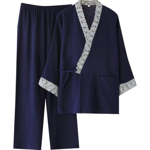 Ymxygz Pijama Tipo Kimono para Hombre, con Empalme Ondulado Y Pantalones Largos, Ropa De Dormir Fina De Algodón para Estar En Casa