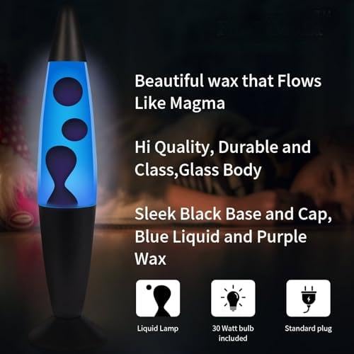 16Inch Beautiful Liquid Lamp, Relaxing Night Light Home Décor Motion Lamp for Living Room Office Bedroom for Adults, Teens, and Kids Double Bulb Included (Black Base,Blue/Purple)