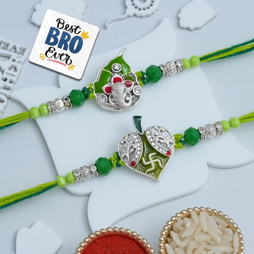 Image of eCraftIndia Leaf Swastika Lord Ganesha Designer Rakhi Set of 2 | Rakhi for Brother Bhaiya Bhai with Best Bro Ever Fridge Magnet | Roli Chawal Pack