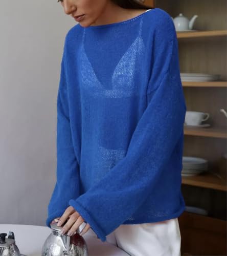 Image of Sweters for Women, Womens Sweater, O-Neck Solid Color See Through Pullover Jumper Shirt Beach